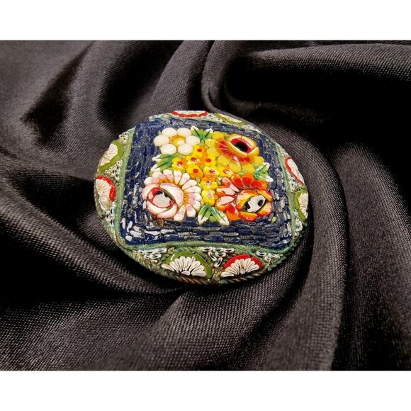 Vintage Micro Mosaic Italy Signed Floral Flowers Brooch - Picture 3 of 5